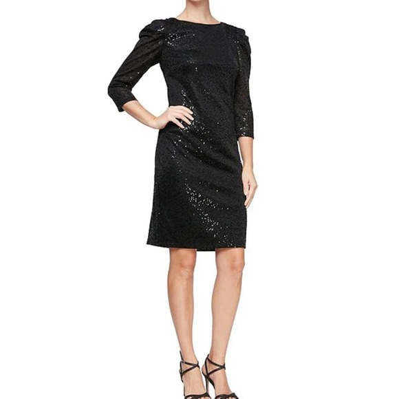 SLNY Dresses & Skirts - SLNY Black Formal Dress Sz 10, 12, 14W, 16,18 Black Shoulder Long Sleeves Sequin